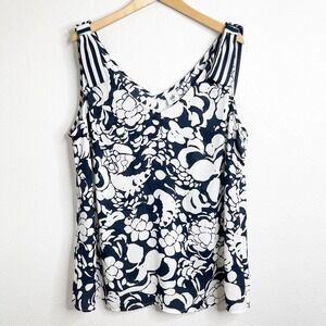 Cabi 5731 Siren Tank Navy White Floral Striped Shoulder Tie Blouse XXL